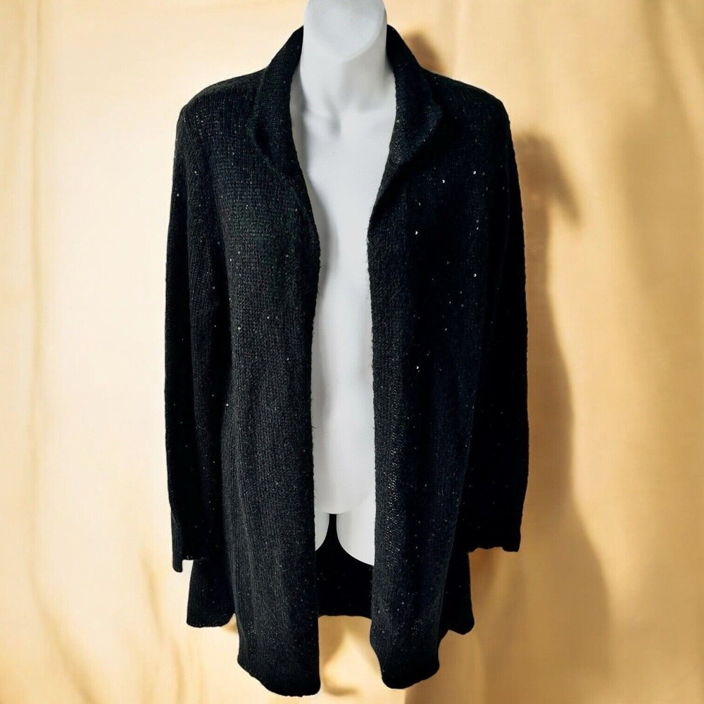 J.‎ Jill Cardigan Sweater Women L Black Sequin Mohair Blend Open Front Longline